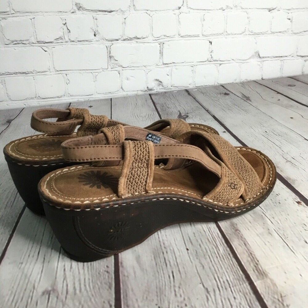UGG 3146 Strappy Slingback Jute Wedge Sandals Women Size 9 Brown Nubuck/Leather